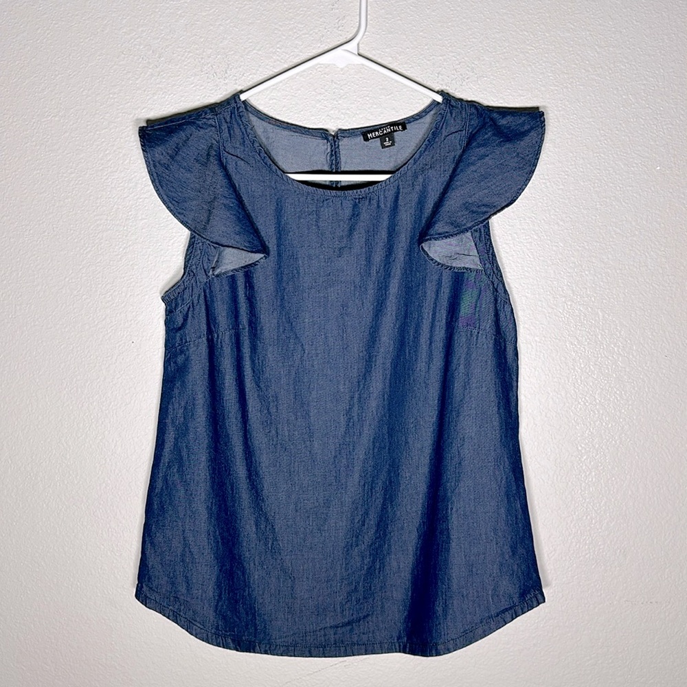 J. Crew Mercantile Chambray Denim Flutter Sleeve Shirt Size 2